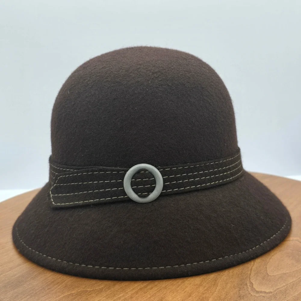Womens Brown Wool Cloche‎ Hat with Buckle Detail One Size